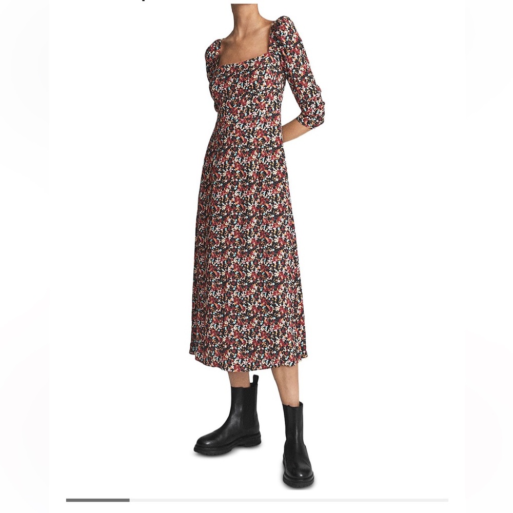 Reiss Womens Miller Square Neck Long Sleeve Dress Size 4 floral Midi Smock